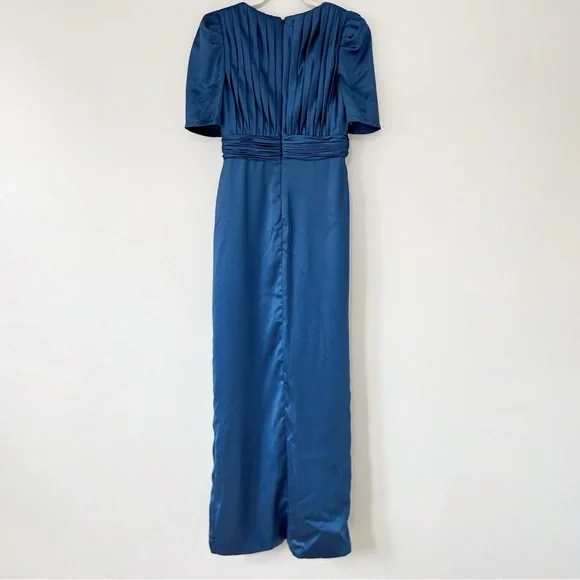 Mac Duggal Silky Pleated Maxi Dress Puff Sleeve Draped Slit Wedding Guest - Picture 7 of 12